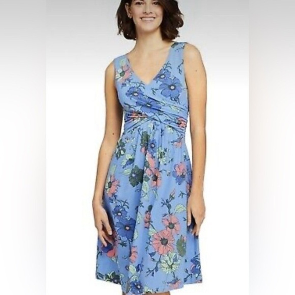 Lands' End Women's Floral Sleeveless Faux Wrap Fit & Flare Dress Blue Size 2X